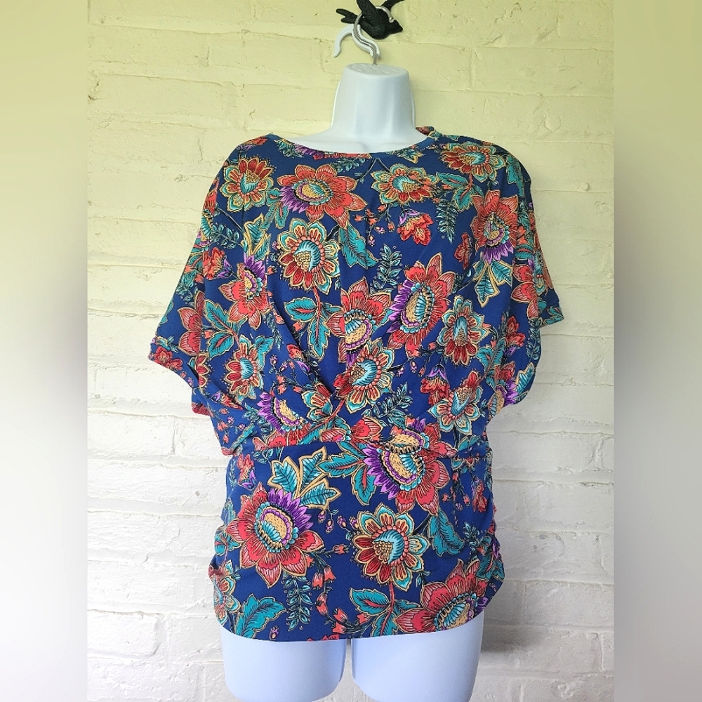 Chaus Pretty Blue & Orange Floral Blouse Short Flutter Sleeves, XL